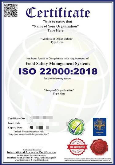 ISO 22000 certificate template
