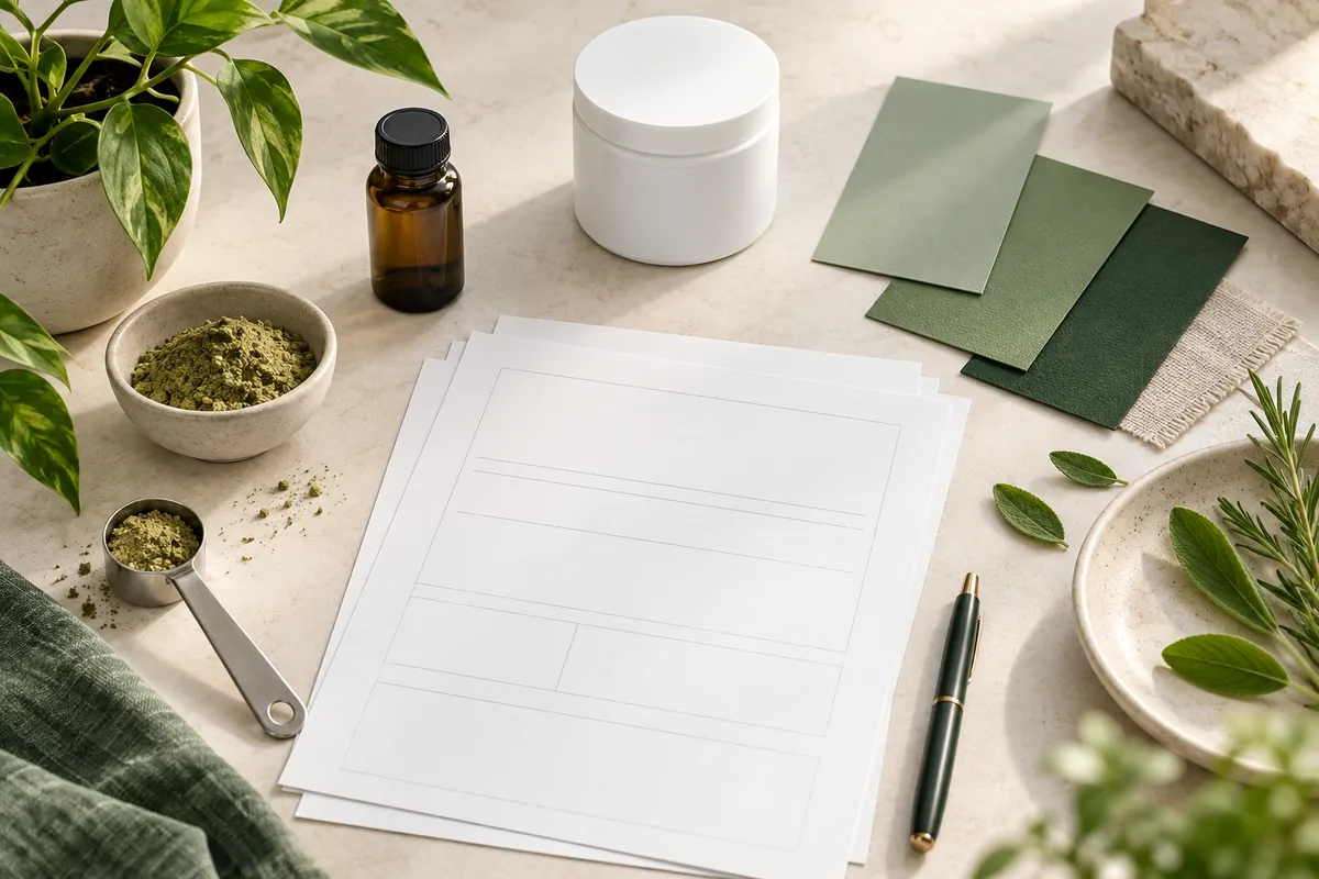 Product development workspace with a brief and packaging samples