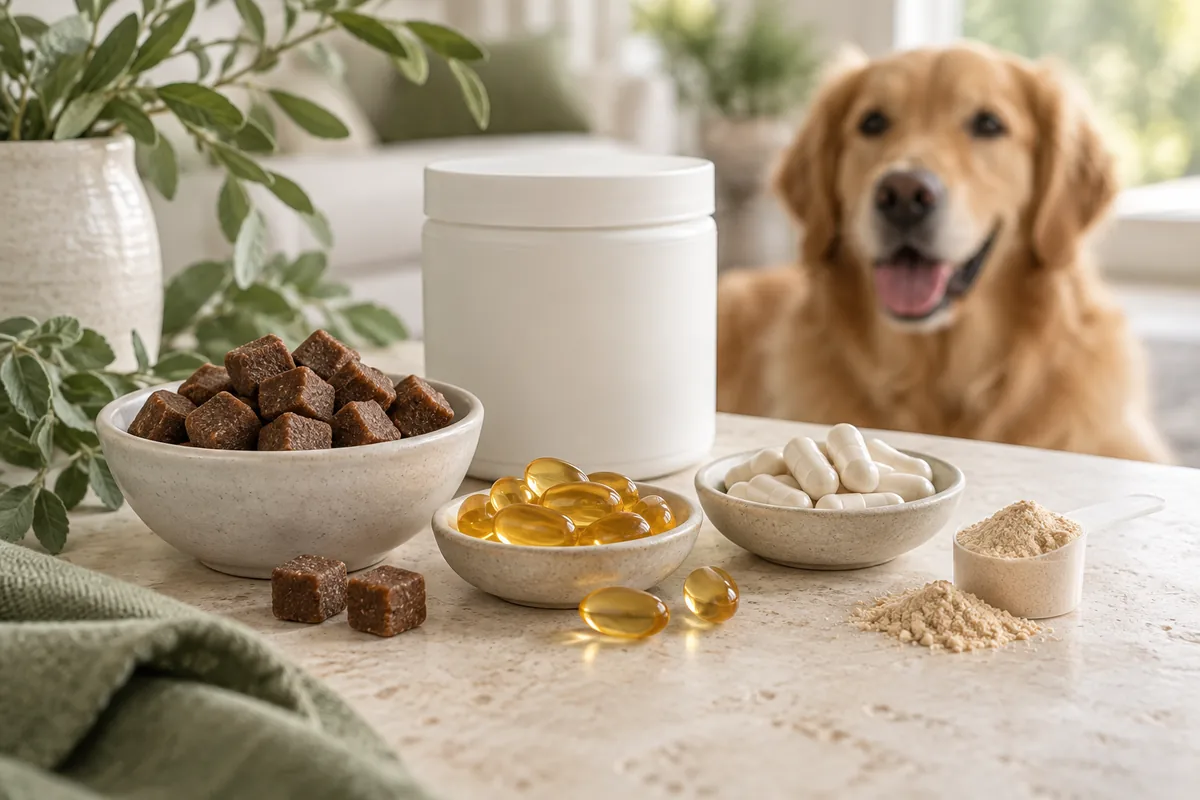 Pet supplement formats including chews, capsules, softgels and powder