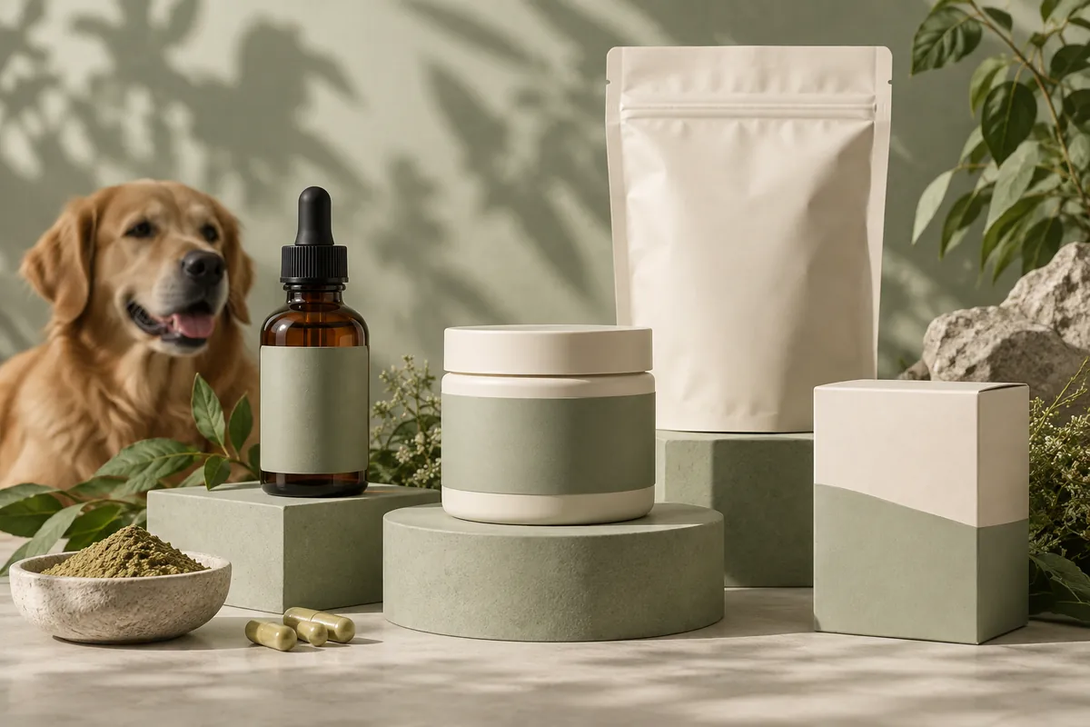 Bottles, a pouch and a carton for pet supplement packaging