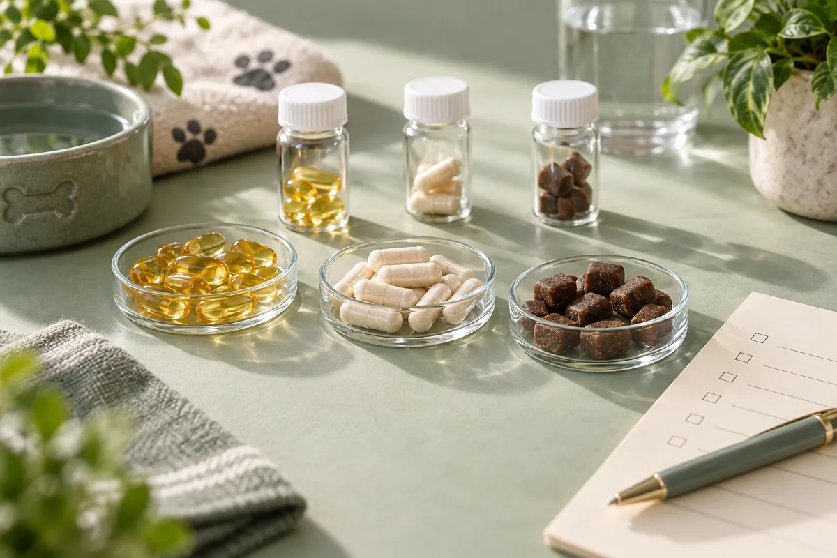 Pet supplement samples arranged for a visual review