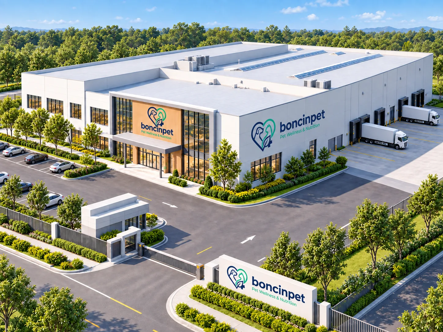 Aerial illustration of the boncinpet factory with branded facade, loading bays and landscaped entrance