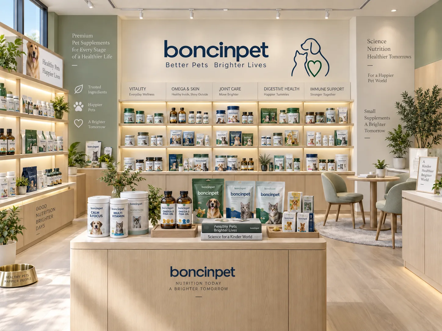 boncinpet pet supplement showroom design illustration