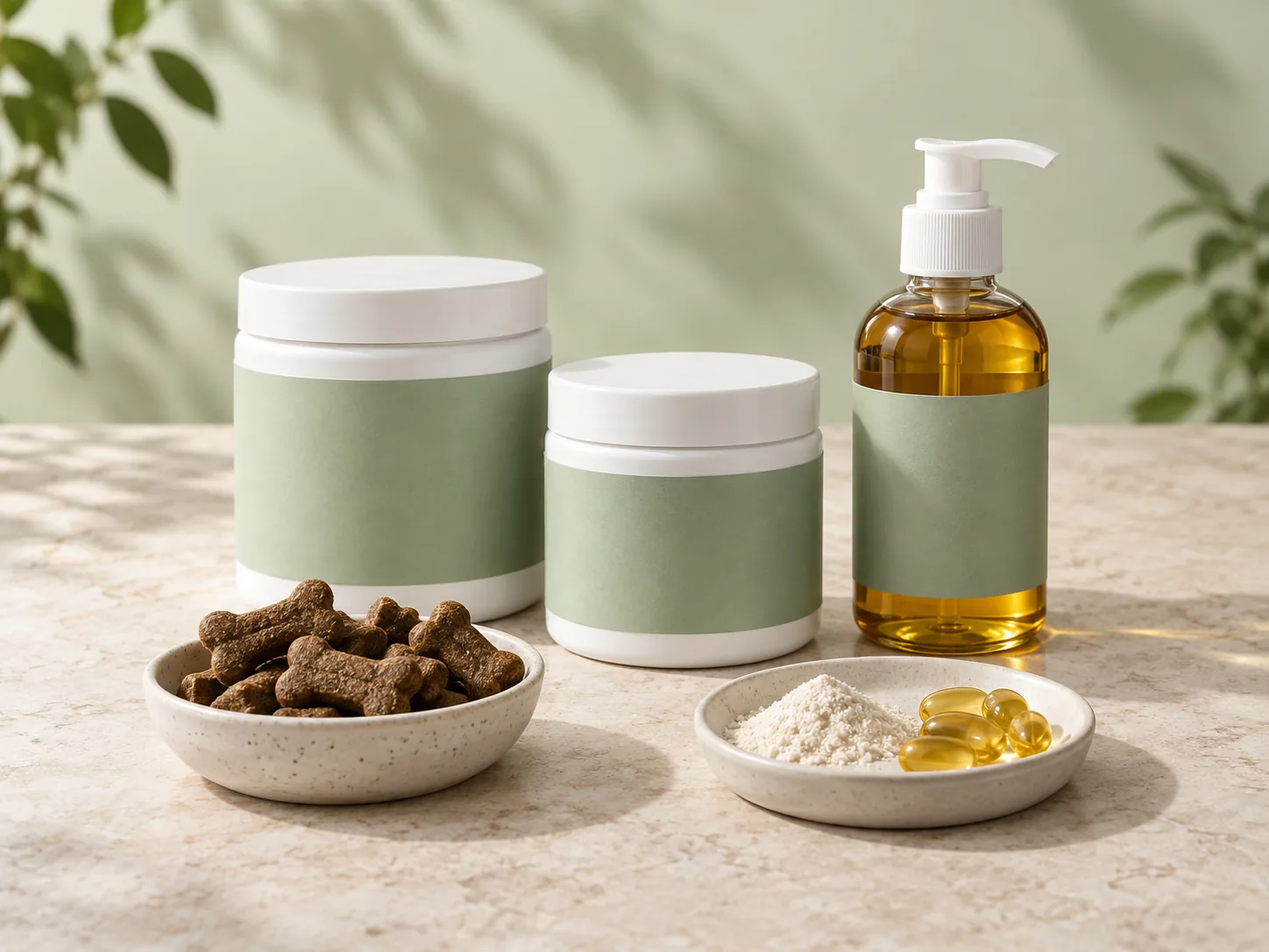 Pet supplement jars, fish oil bottle, chews and powder for custom formulation